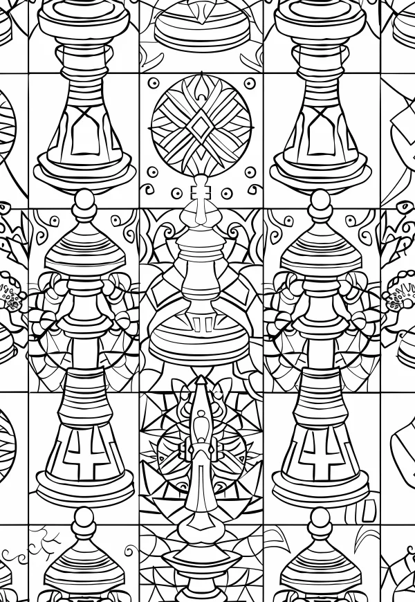 Stylized decorative chess pieces (king, queen — free printable chess coloring book page