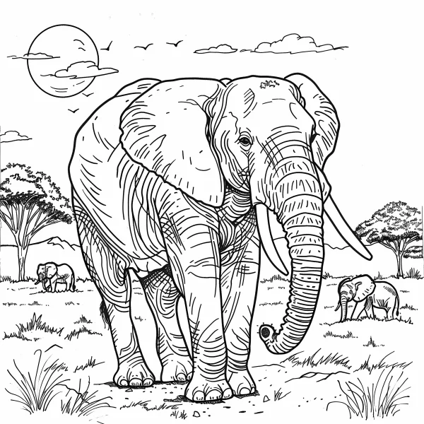 African savanna elephant, realistic line art style — free printable africa coloring book page