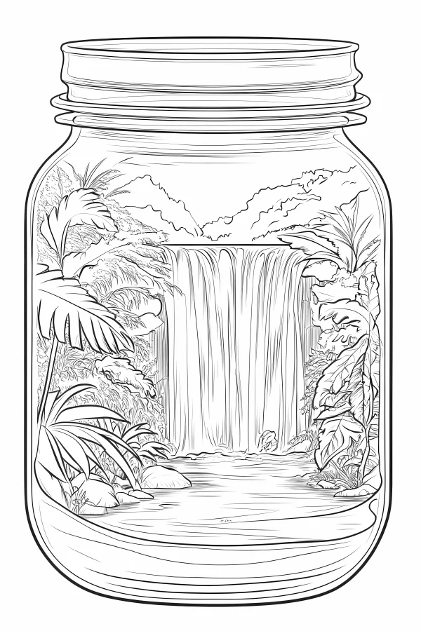 Tropical waterfall forest scene inside a glass mason jar, realistic line art style — free printable waterfall coloring book page
