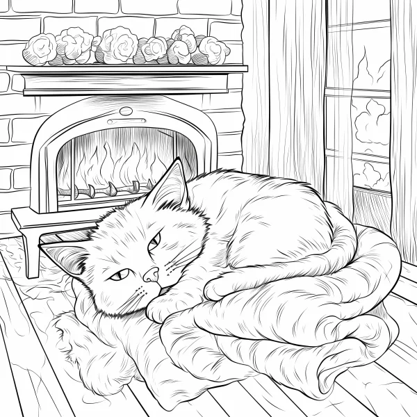 Sleeping cat curled up on a blanket by the fireplace, realistic line art style — free printable home living coloring book page