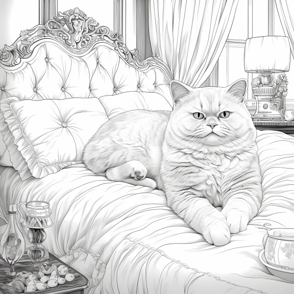 Coloring book page, a chubby cat lying on a luxurious tufted bed with decorative pillows — free printable home living coloring book page