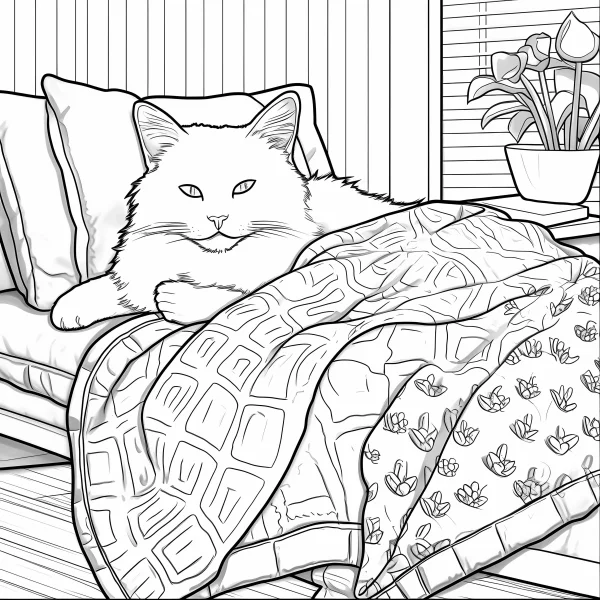 Cat lying on sofa with blanket, cozy home interior — free printable home life coloring book page