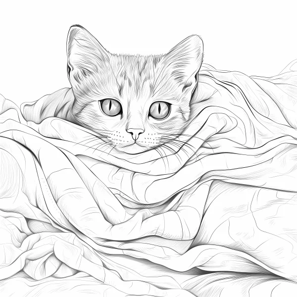 Cute cat peeking out from under a blanket, realistic sketch style — free printable home life coloring book page