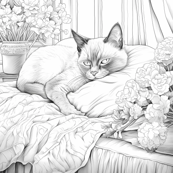 Lazy cat lying on a pillow, realistic line art style — free printable home life coloring book page