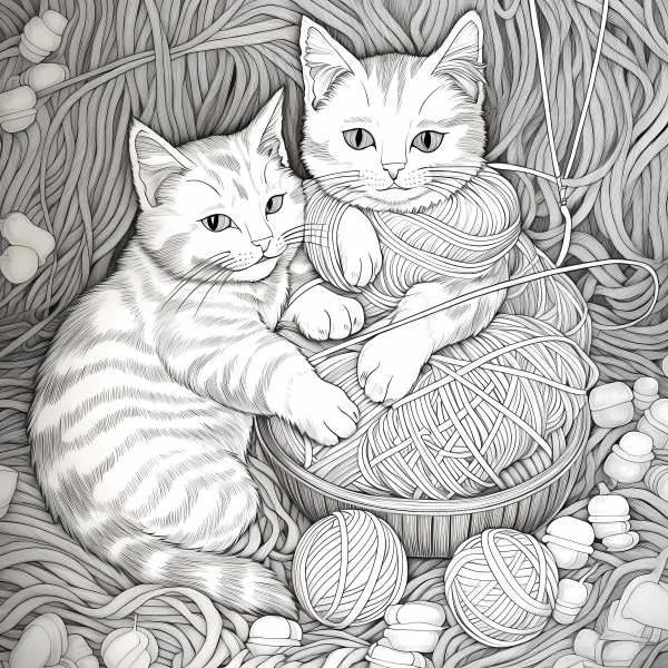 Playful cats with yarn balls, cartoon style — free printable handmade coloring book page