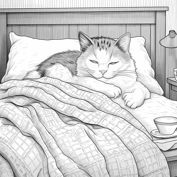 Sleeping cat lying on a bed with pillows and quilt, realistic sketch style — free printable home life coloring book page
