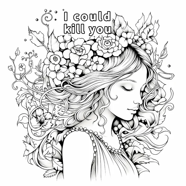 Dark-themed woman with flower crown and closed eyes, surrounded by intricate flowers — free printable dark coloring book page