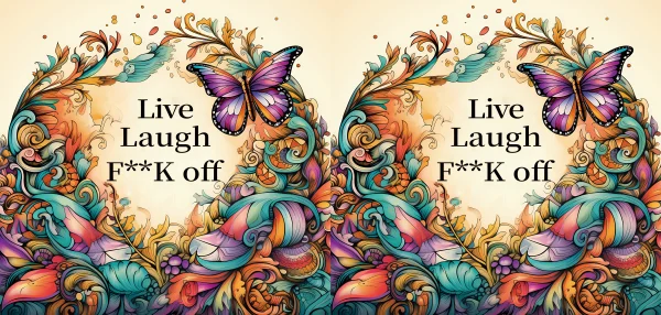 Colorful symmetrical decorative artwork, floral vines with purple butterfly — free printable butterfly coloring book page