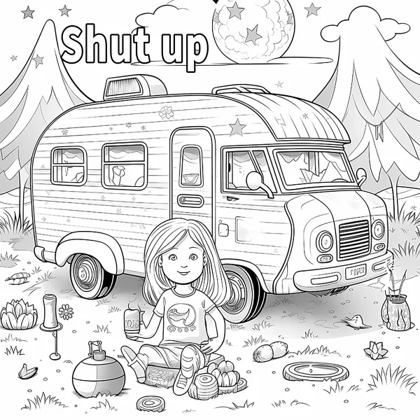 Camping caravan and picnic girl, cartoon style — free printable picnic coloring book page