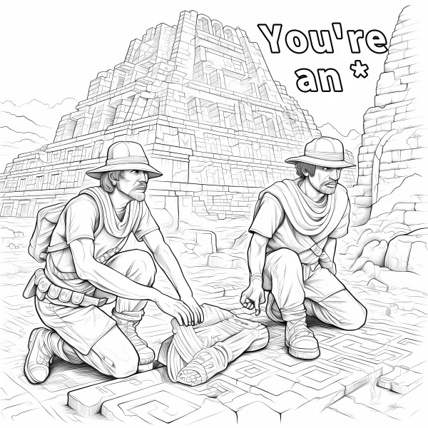 Two archaeologists examining an ancient artifact at maya pyramid ruins, realistic line art style — free printable maya culture coloring book page