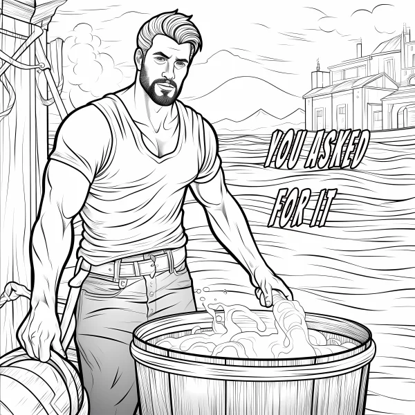 Muscular man doing chores by the waterfront, realistic line art style — free printable occupation coloring book page