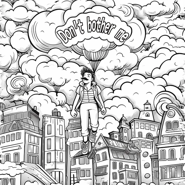 Floating urban character, cartoon style — free printable urban life coloring book page