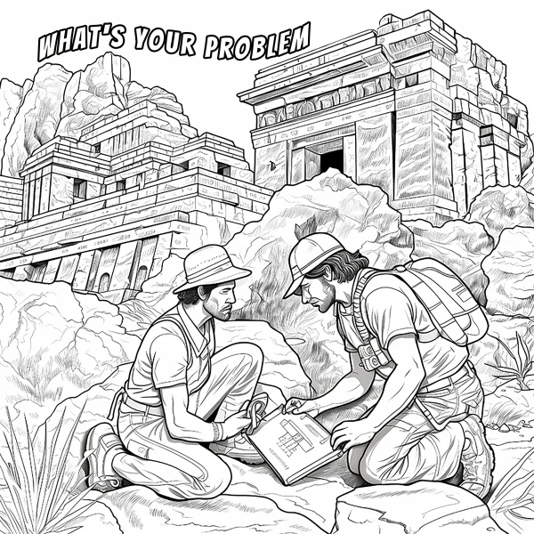 Two archaeologist explorers arguing over a map in front of ancient ruins, realistic illustration style — free printable outdoor coloring book page
