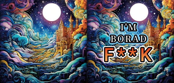 Book cover, fantasy retro castle in surreal cosmic landscape with two bright moons — free printable starry sky coloring book page