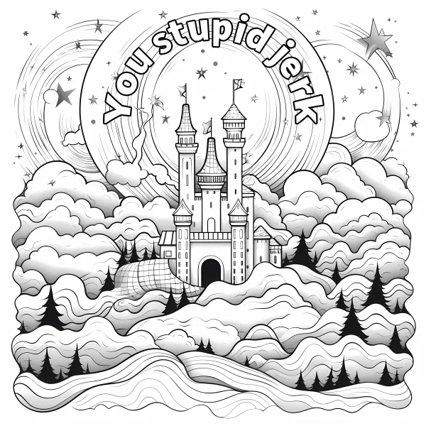Fairytale castle above clouds, surrounded by pine trees and stars — free printable emotional release coloring book page