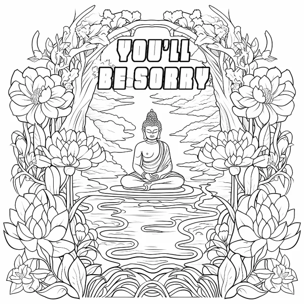 Meditating buddha in lotus position, surrounded by lotus flowers and a river — free printable zen coloring book page
