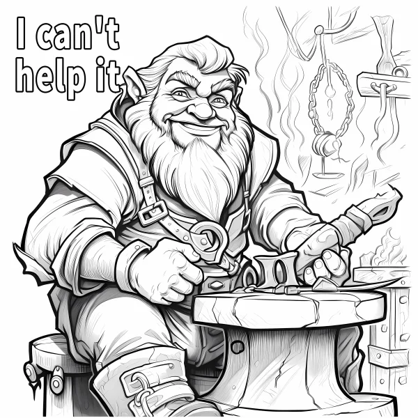 Dwarf blacksmith working at anvil with hammer, cartoon style — free printable craftsman coloring book page