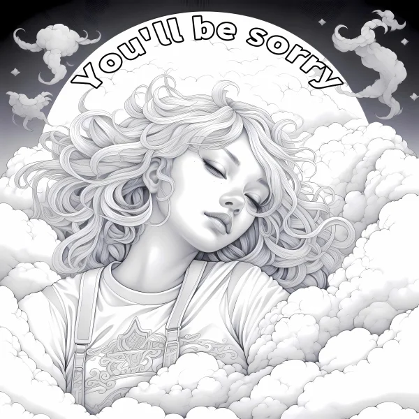 Sleeping girl with curly hair among clouds, illustration style — free printable dreams coloring book page