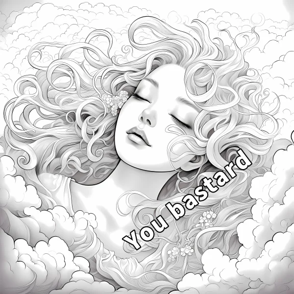 Closed-eyed curly-haired girl surrounded by fluffy clouds, anime style — free printable dreams coloring book page