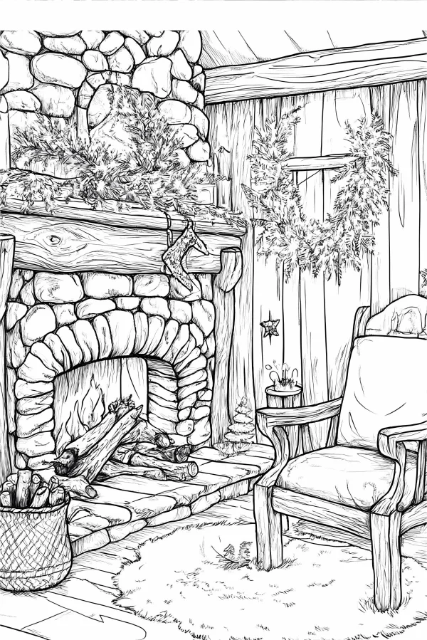Cozy christmas home scene with stone fireplace and rocking chair, realistic line art — free printable home life coloring book page