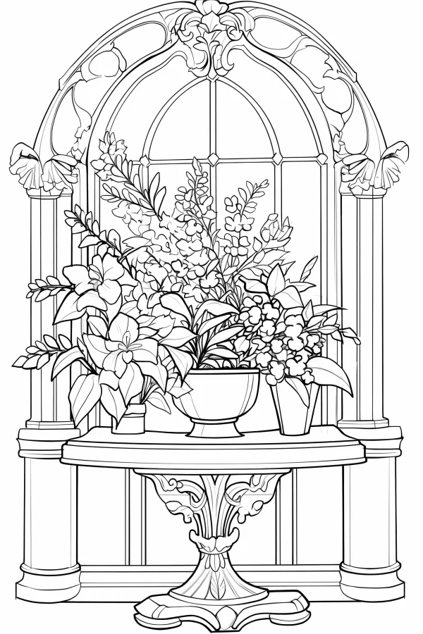 Coloring book page, potted flowers on ornate carved table in front of european-style arched window — free printable indoor life coloring book page