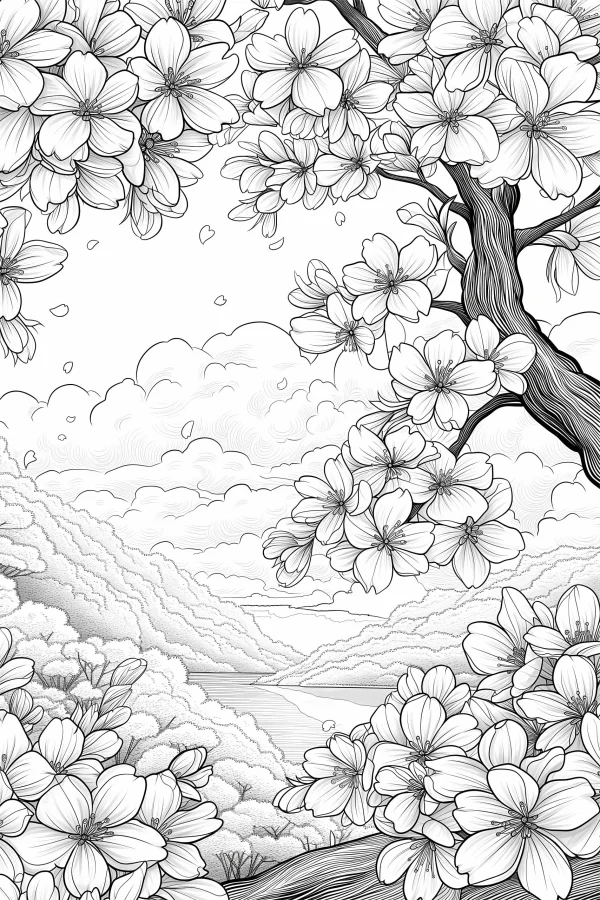 Blooming tree with flowers, natural landscape with mountains and river — free printable spring coloring book page