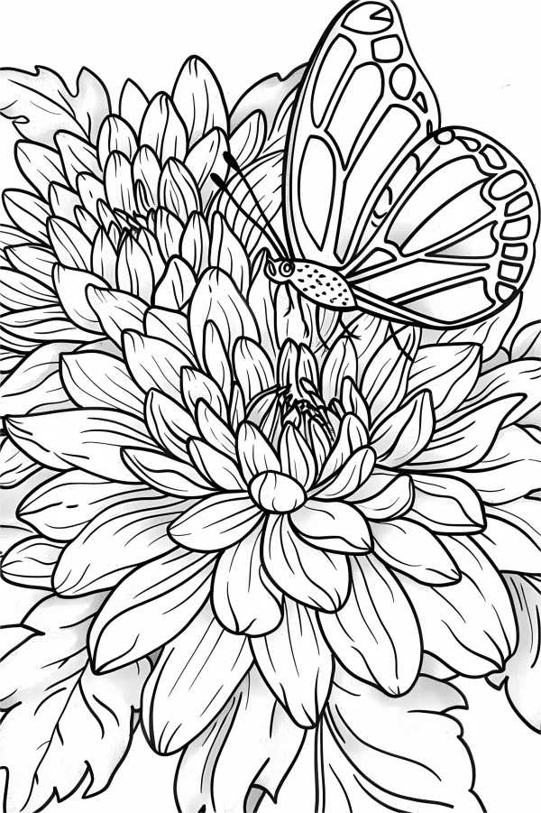 Chrysanthemum with butterfly resting on it, natural realistic illustration style — free printable insects coloring book page