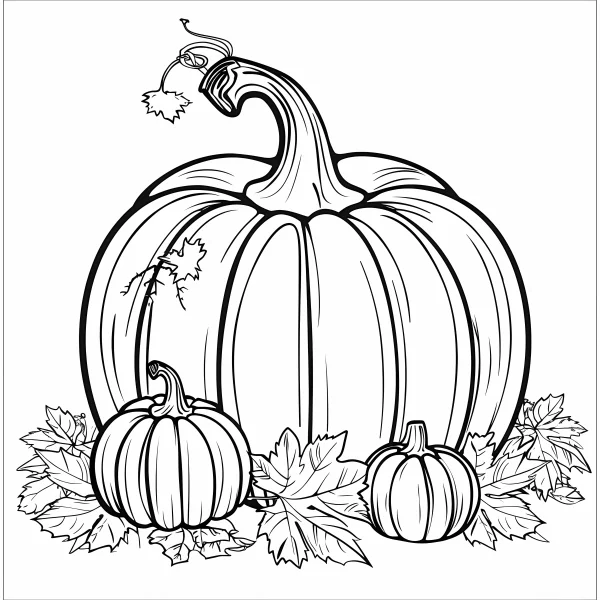 Pumpkins with autumn leaves, sketch style — free printable thanksgiving coloring book page