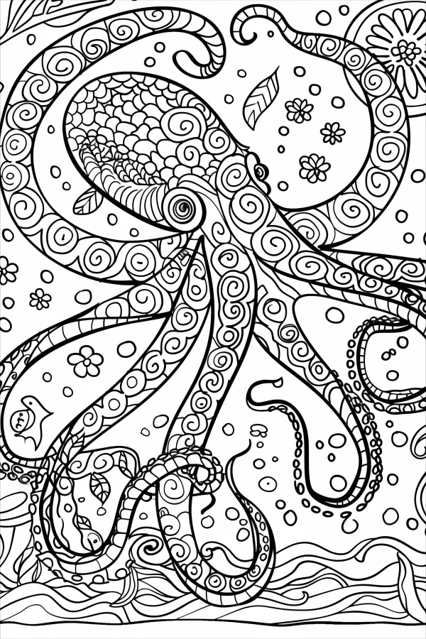 Coloring book page, zentangle-style octopus — free printable creative art coloring book page