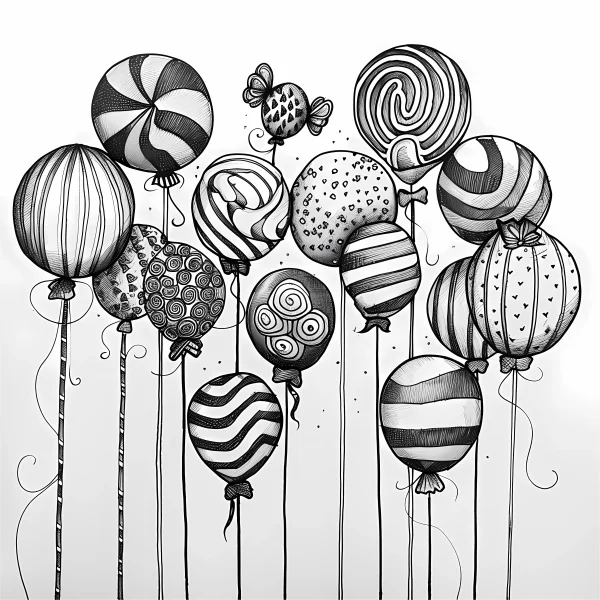 Decorative balloon cluster, decorative art style — free printable party coloring book page
