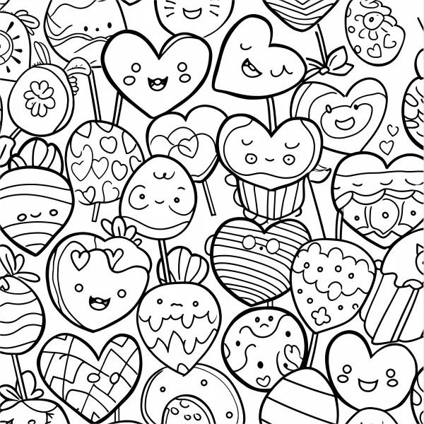 Anthropomorphic hearts and desserts, cartoon style — free printable cute coloring book page
