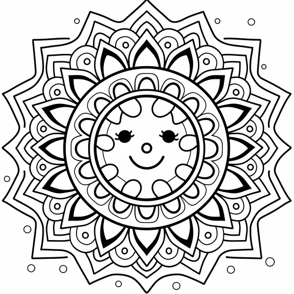 Smiling sun mandala, mandala art style — free printable innocence coloring book page