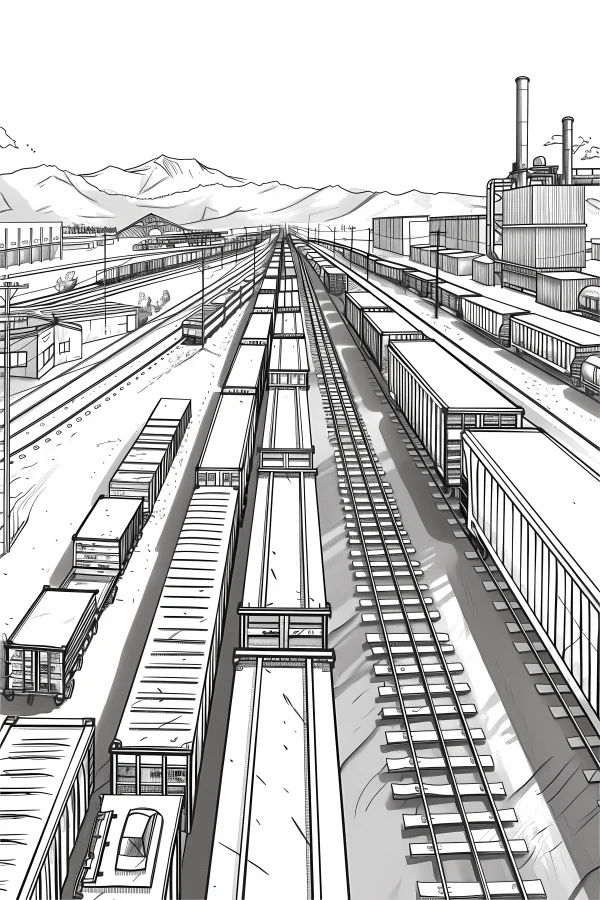 Industrial freight railway with numerous train cars, realistic sketch style — free printable industrial coloring book page
