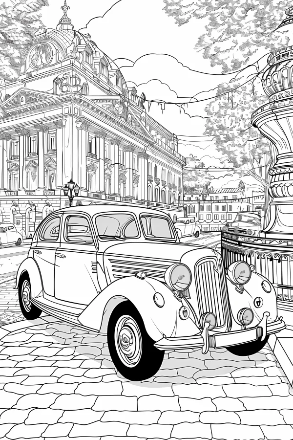 Vintage car parked on cobblestone street with european classical buildings, vintage realistic style — free printable urban scenery coloring book page