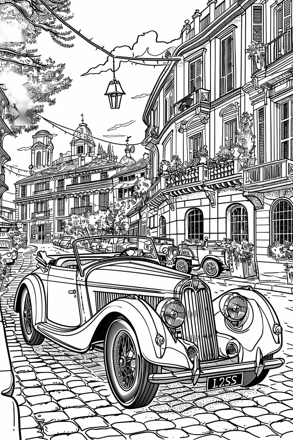 Vintage convertible car, retro realistic illustration style — free printable city scenery coloring book page