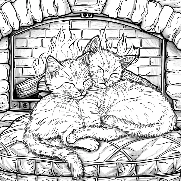 Two sleeping cats cuddling together in front of a burning fireplace with logs, fine smooth organic lines — free printable daily life coloring book page