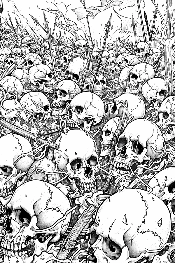Dense pile of skulls with spears and broken flags, horror dark style — free printable war coloring book page