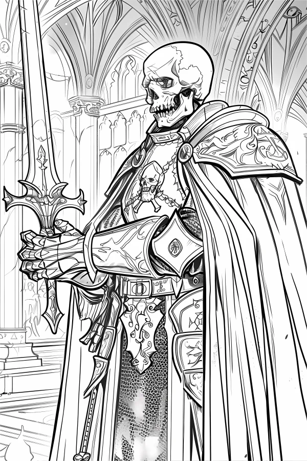 Gothic armored skeleton warrior holding a sword, gothic fantasy style — free printable medieval coloring book page