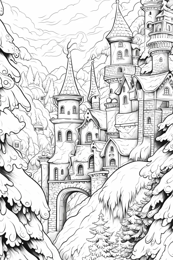 Fairy tale castle in snowy mountains, fairy tale style — free printable castle coloring book page