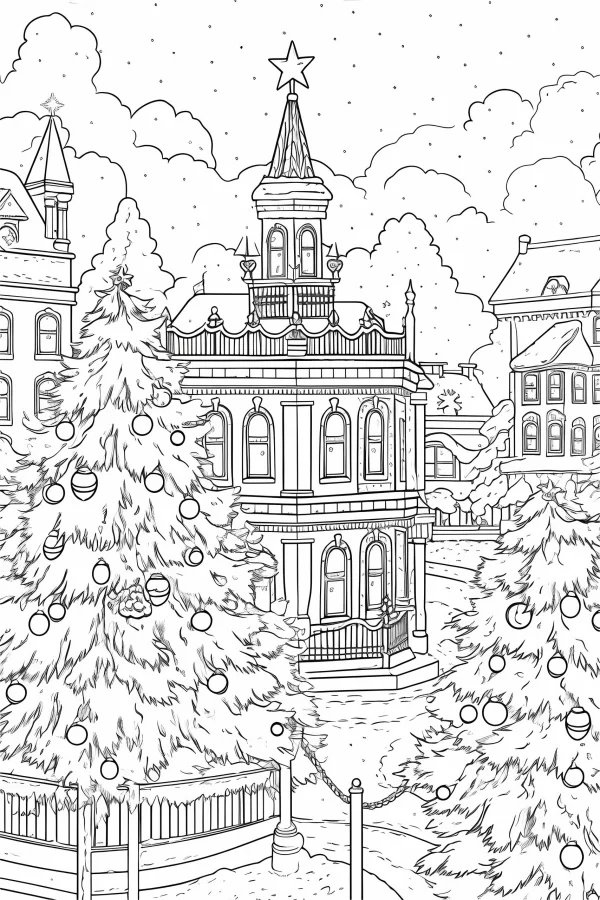 Christmas town square with decorated christmas trees, cartoon style — free printable town scene coloring book page
