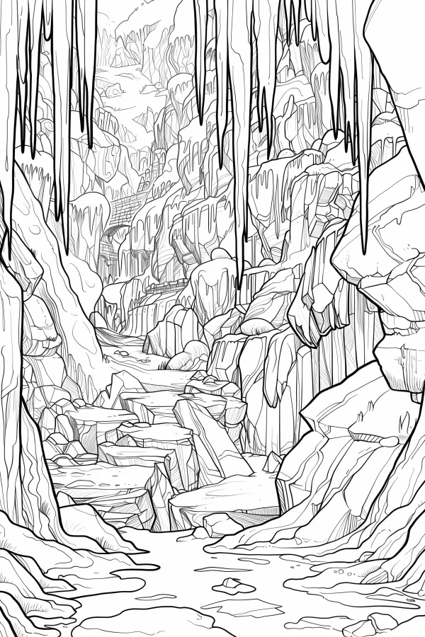 Icicle canyon scene, realistic style — free printable canyon coloring book page