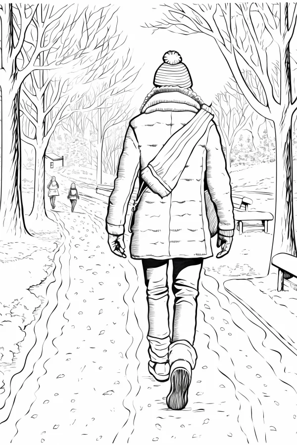 Back view of a person hiking in winter wearing a thick coat and knit hat with a crossbody bag, realistic line art — free printable hiking coloring book page