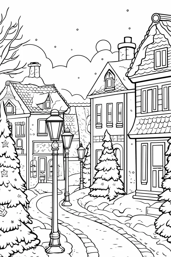 Winter christmas town street, cartoon style — free printable town scenery coloring book page