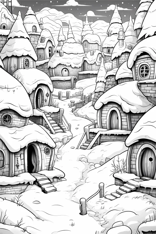 Winter village with snow-covered cottages, cartoon illustration style — free printable countryside coloring book page