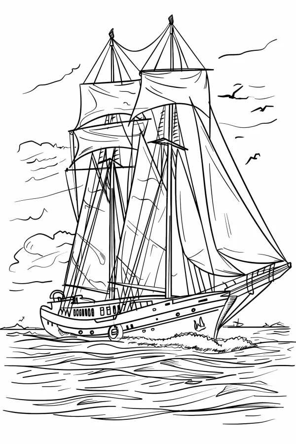 Two-masted sailing ship on the sea, realistic style — free printable sailing coloring book page
