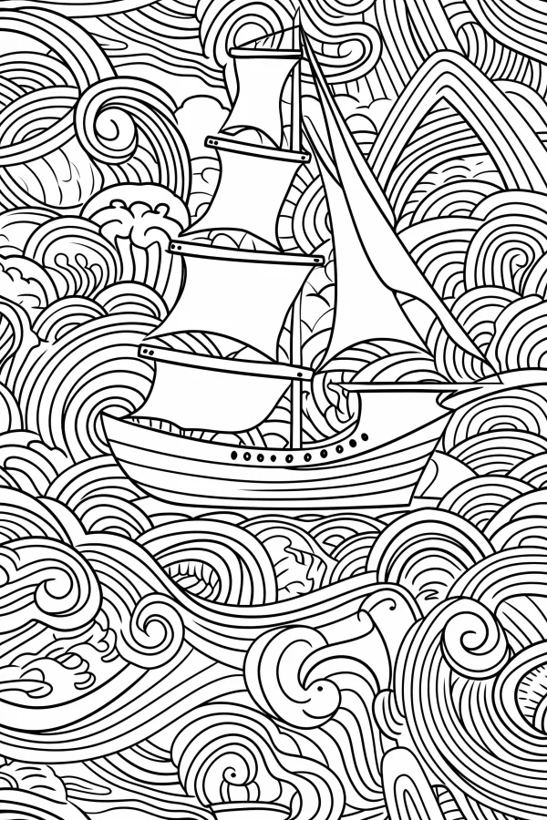 Coloring book page, sailing ship surrounded by swirling ocean waves — free printable sailing coloring book page