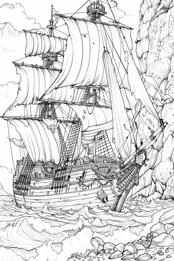 Vintage sailing ship near rocky coastal cliffs, realistic sketch style — free printable sailing coloring book page