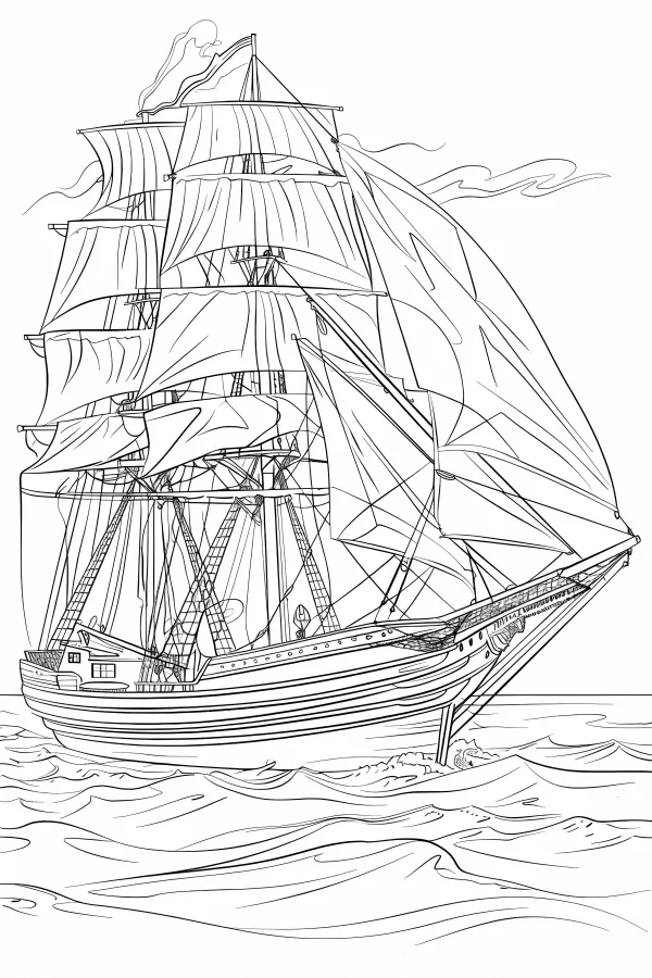 Ocean sailing ship, sketch style — free printable sailing coloring book page