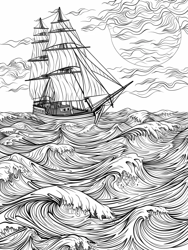Old sailing ship in turbulent ocean waves, realistic line art style — free printable sailing coloring book page