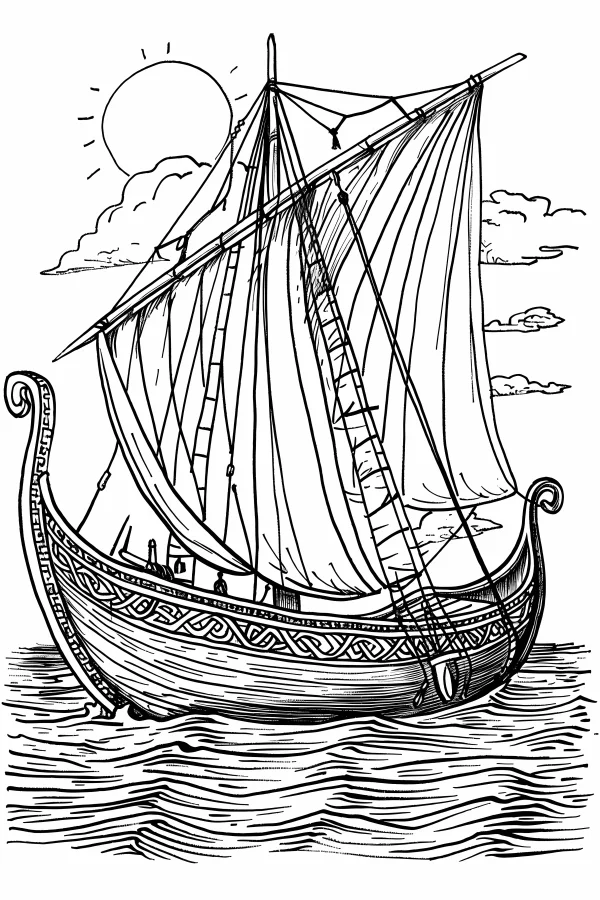 Viking longship with large sails, nordic style — free printable sailing coloring book page